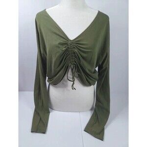 JoyLab Cinch Front Long Sleeve Crop Top Olive Green Drawstring Small